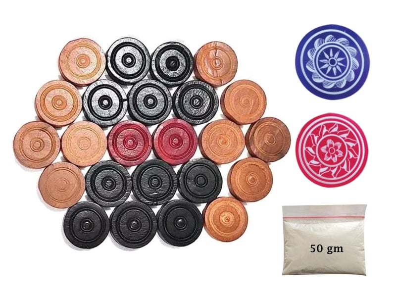 PosterPapaa Wooden Carrom Coins Stricker and Carrom Powder